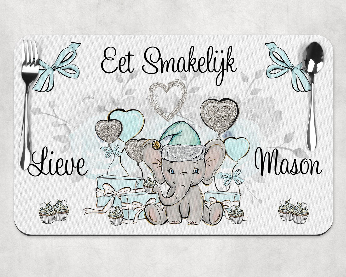 Placemat met naam | Olifantje blauw