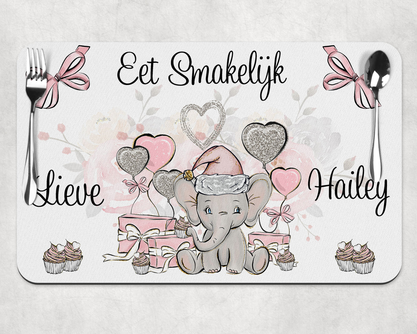 Placemat met naam | Olifantje roze