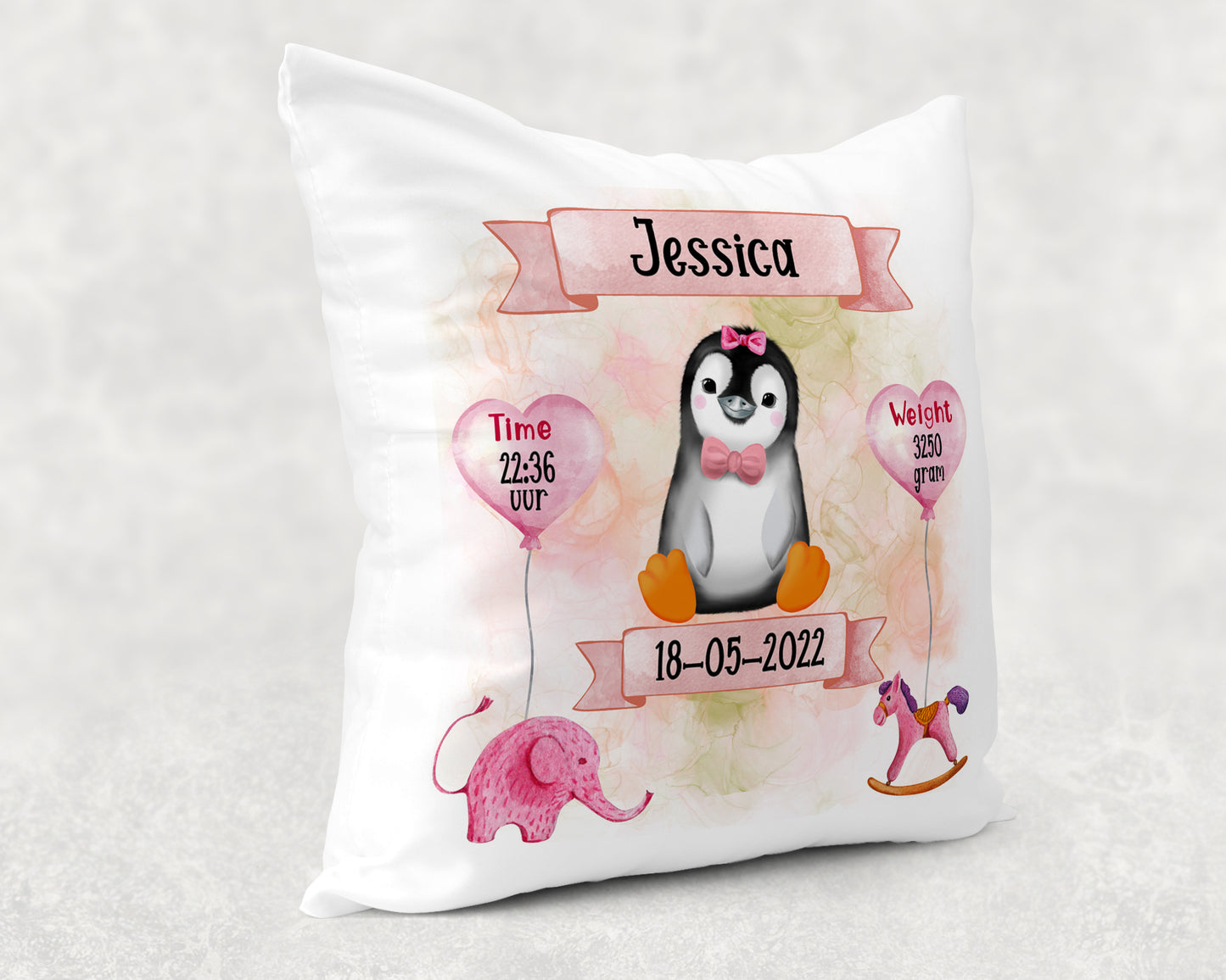 Geboortekussen | Pinguïn roze