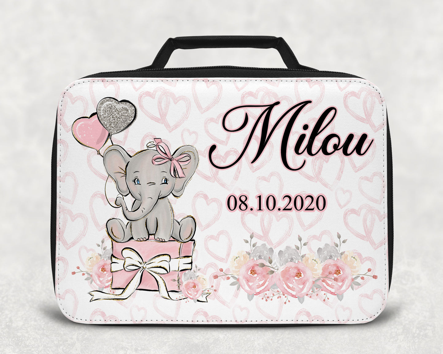 Koeltas met naam | Olifantje roze op cadeautje