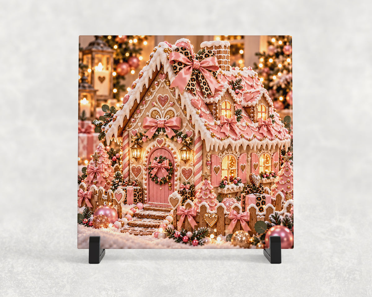 Tegeltje | Roze Gingerbread Kersthuisje