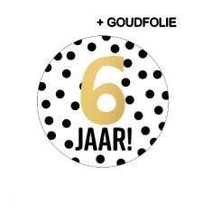 Stickers D40mm - 6 jaar! + stippen wit/zwart+goud 250p/r