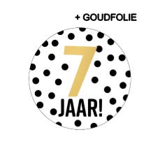 Stickers D40mm - 7 jaar! + stippen wit/zwart+goud 250p/r