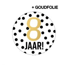 Stickers D40mm - 8 jaar! + stippen wit/zwart+goud 250p/r